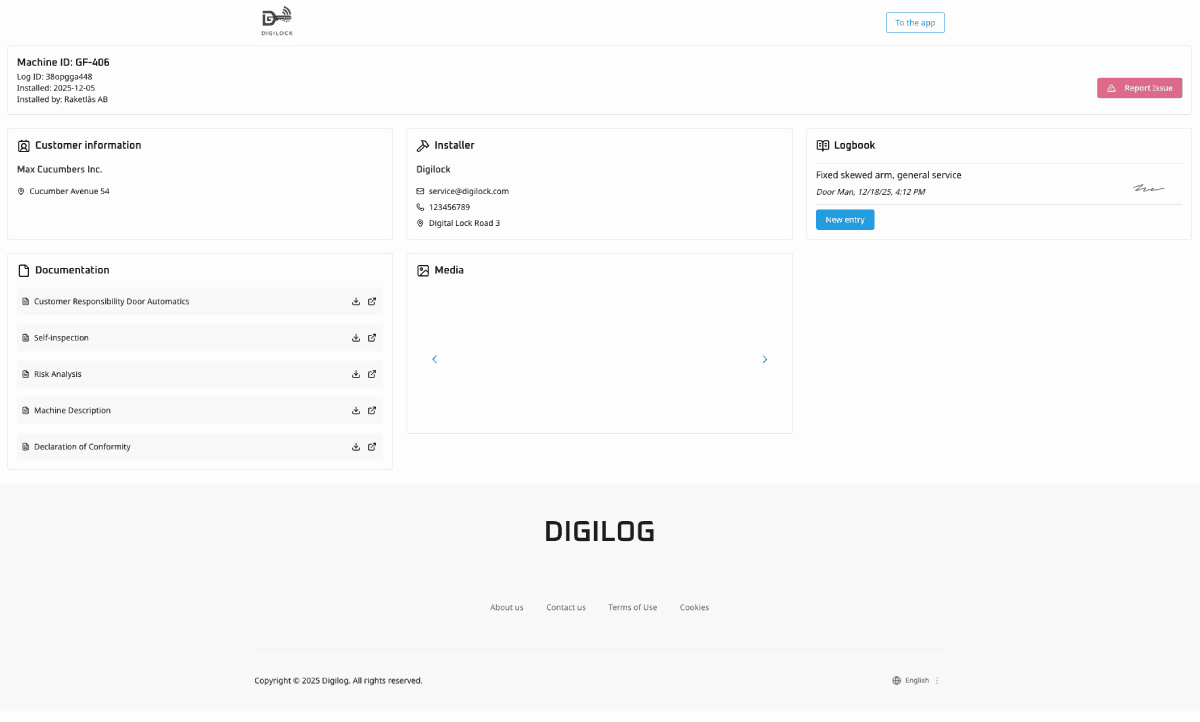 Oven digitaalinen lokikirja, jossa näkyvät asiakastiedot, asentaja, asiakirjat ja lokimerkinnät.
